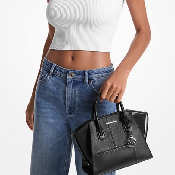 Michael Kors Avril Small Studded Patchwork signature Logo Satchel NWT - Picture 4 of 14